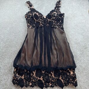 Jovani Black Lace Bronze Silk Cocktail Dress Beaded Empire Waist 10 RN81120